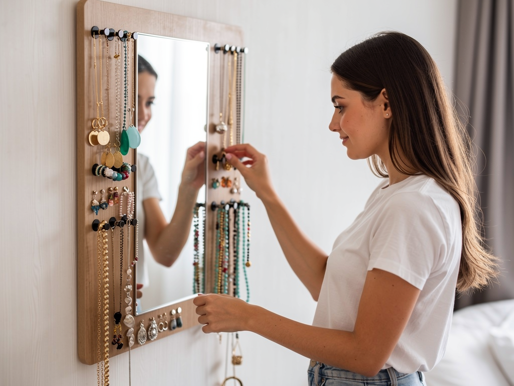 Porte-bijoux mural avec miroir : le 2-en-1 idéal pour gagner de la place – porte bijoux