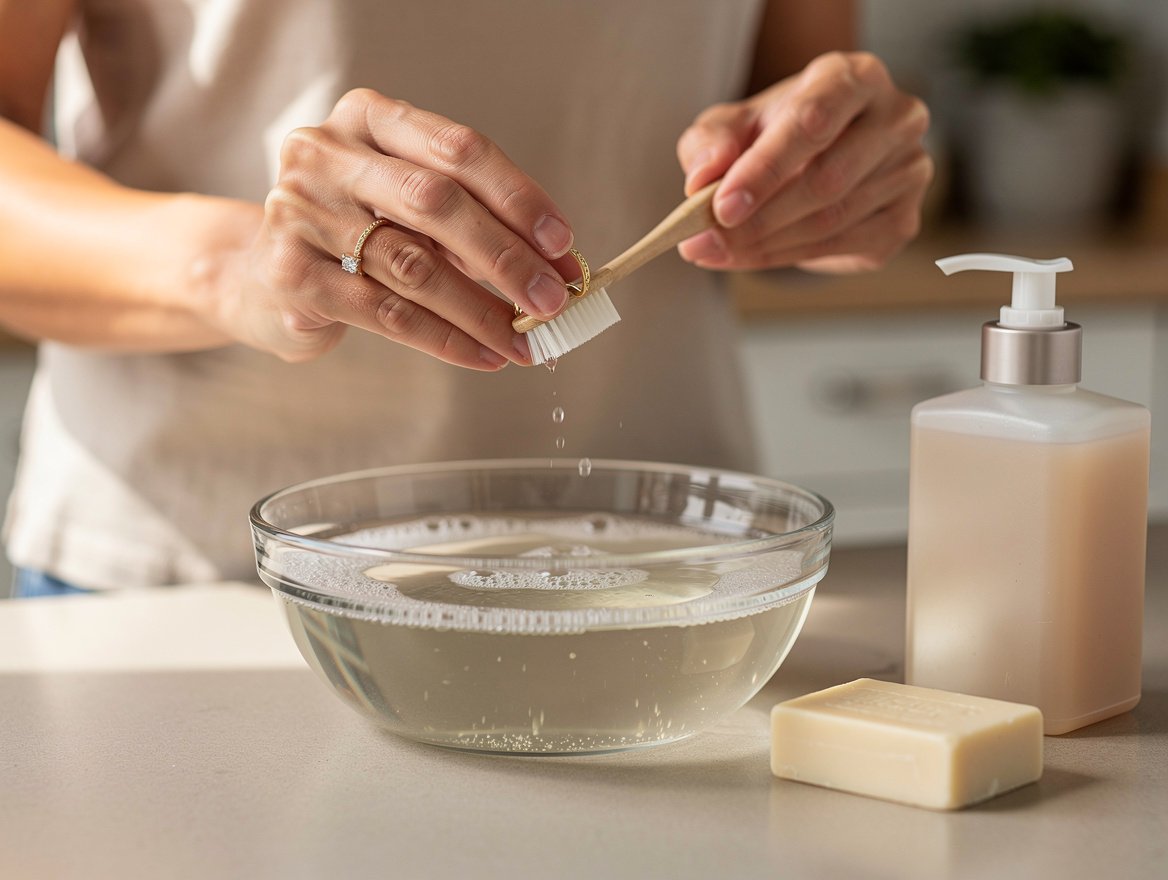 La méthode de base pour nettoyer un bijou en or : eau tiède et savon doux – comment nettoyer bijou or pierre precieuse